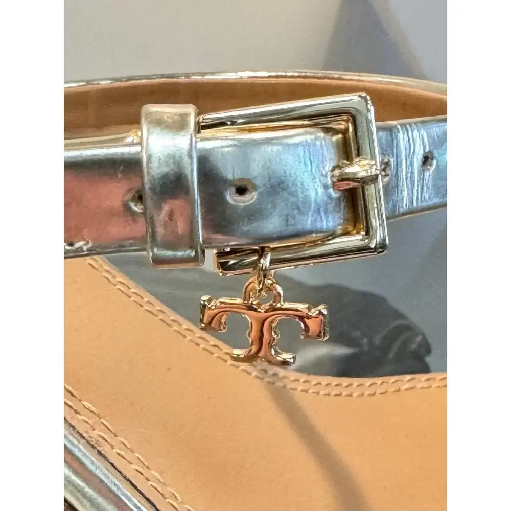 TORY BURCH Gold Penelope Slingback Leather Buckle Charm Heels NEW Sz. 10